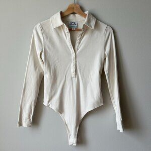 Future Collective Collared Button-Down Cream Bodysuit | Size Small